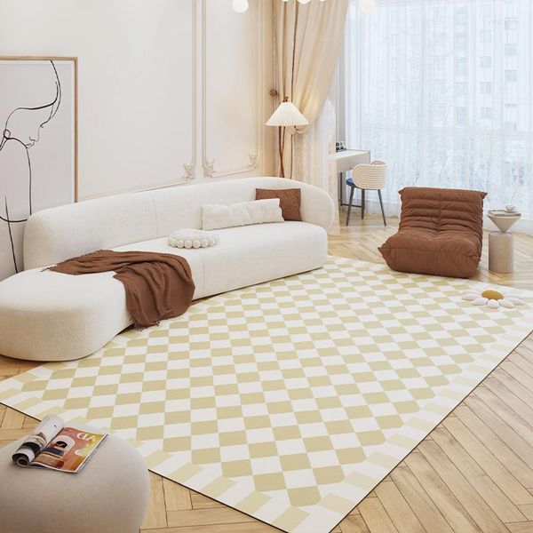 Teppiche, Retro-Creme-Karo-Teppiche für Schlafzimmer, Heimdekoration, Sofa, Bodenmatte, Studio-Lounge-Teppich, Wohnzimmer-Dekoration, großer Teppich, waschbar