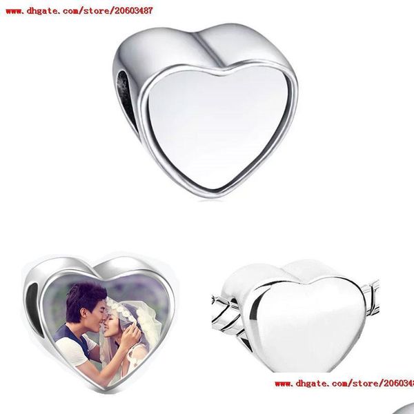 Charms Sublimazione Blank Heart Po Bead Slider in metallo Foro grande 5Mm Charms europei Materiale per stampa a trasferimento Regali per San Valentino Dro Dhwg6