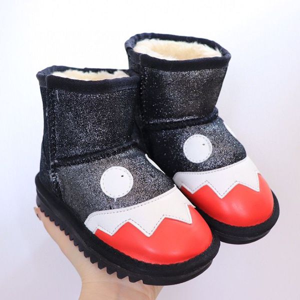 Designer-Stiefel für Kinder, Schnee, warme Stiefel, Tierbabys, Jungen und Mädchen, Leder, Slip-on-Knöchel, flach, weich, bequem, Baumwolle, Schaffell, Plüsch, für schöne Geburtstage, Weihnachtsgeschenke, 25–35