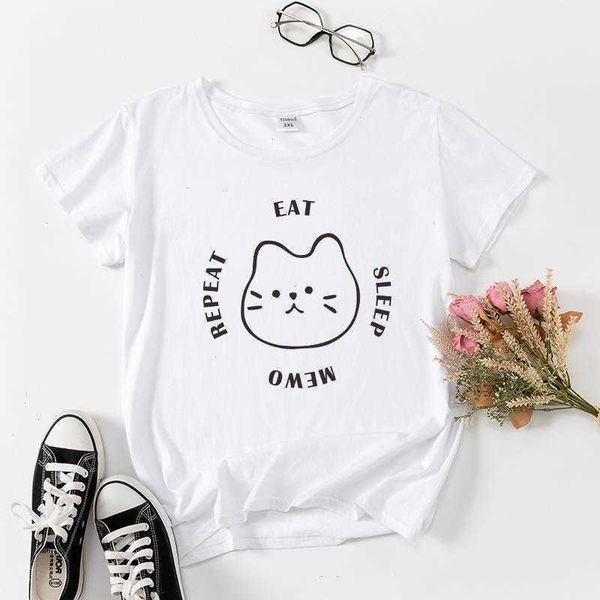Eat Sleep Meow Repeat T Shirt Cat T-Shirt Kawaii Print Women T-Shirts Top Short