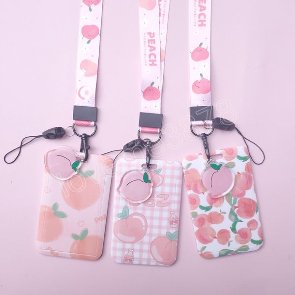 Fruit Peach Portacarte da donna Fashion Cute Female Business Card Cover Bag Custodia per Student Card Bus ID Neck Strap