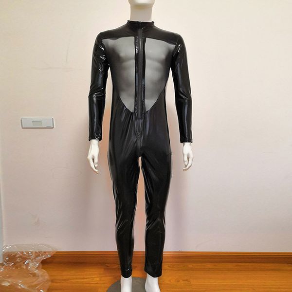 Catsuit kostümler erkekler seksi ıslaklık iç çamaşırı lateks catsuit sahte deri ön fermuar açık kasık bodysuit fetiş kostüm erotik vücut takım elbise