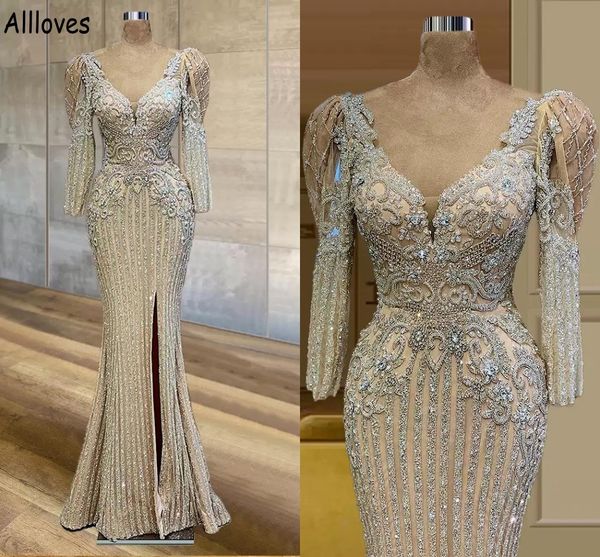 Lüks Kristaller Sizli Pageant Gece Elbise Kadınlar İçin Uzun Kollu V Boyun Resmi Durum Balo Elbiseleri Denizkızı Split Dubai Ünlü Resepsiyon Cl1343