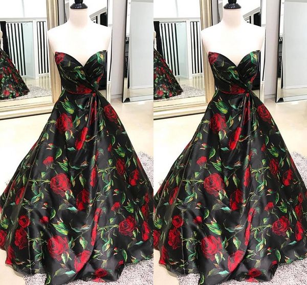 2023 Teure bedruckte Blumen Satin Abendkleider Abend besondere Anlässe Plissee Schatz offener Rücken Abschlussball Partykleid A-Linie