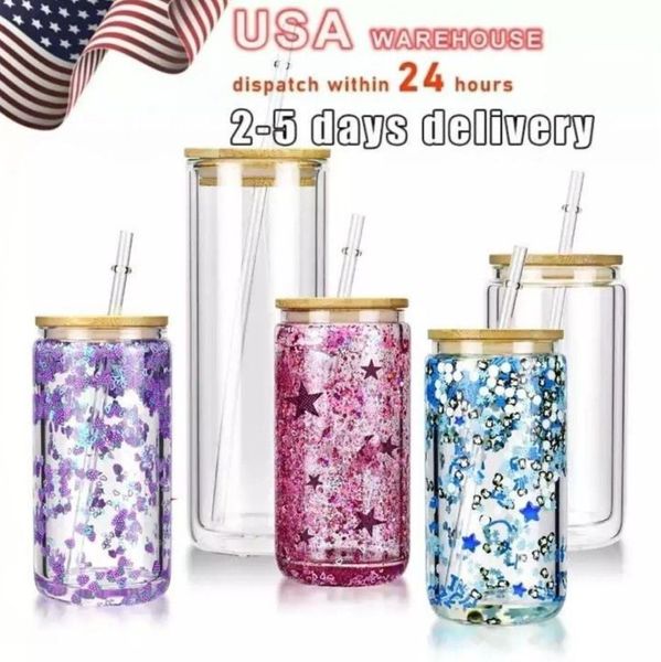 US-Lager 20OZ Tumblers Tassen Klare Sublimation doppelwandiges Glas Glitzer DIY Schneekugel leere Dose mit Bambusdeckeln Biersaft Gläser Tasse Großhandel