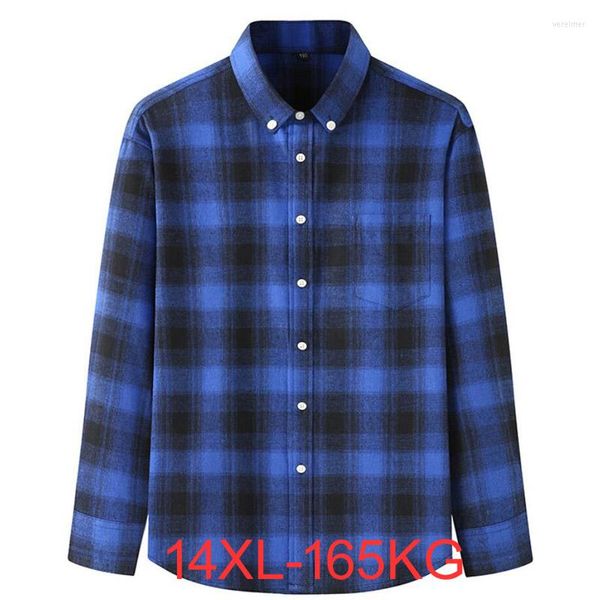 Herren Casual Shirts Herbst Fr￼hling M￤nner kariertem Hemdknopf blaue M￤nner Langarm klassische Vintage Plus Size Clothing gro￟ 14xl m￤nnlich