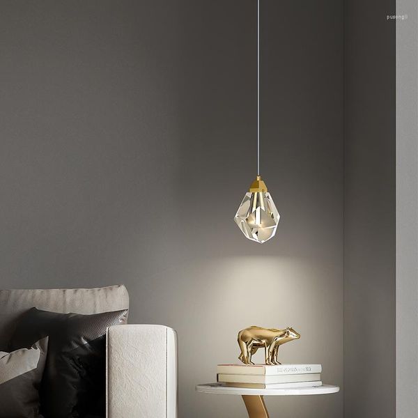 Lâmpadas pendentes Luzes LED Glass Crystal para sala de estar Decoração de cobre Bedroom Câmara Nórdica Lâmpada de suspensão dourada interna
