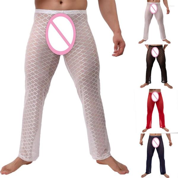 Momente de sono masculino Sexy Homens Sense-through Mesh Long Pants Mustanta