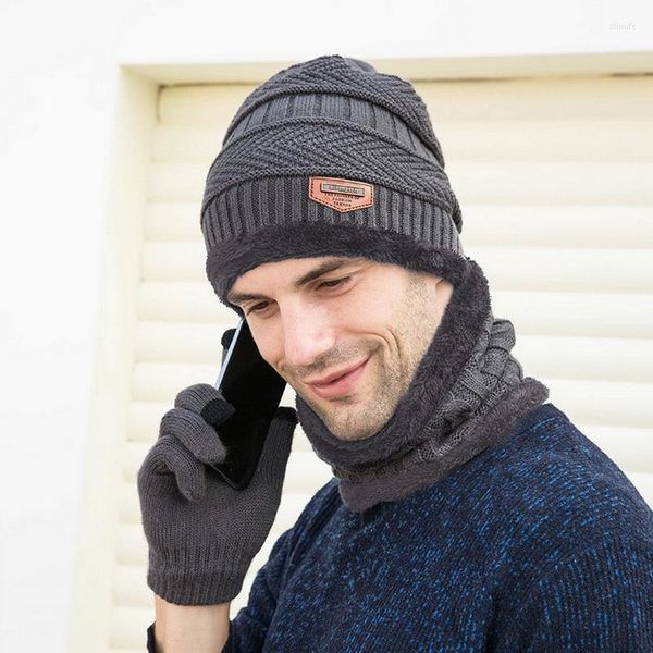 Boinas de inverno gorro para homens luvas de cachecol de pelúcia 3-PCs Conjunto de veludo quente Caps de malha de pescoço pescoço de vento balaclava Balaclava