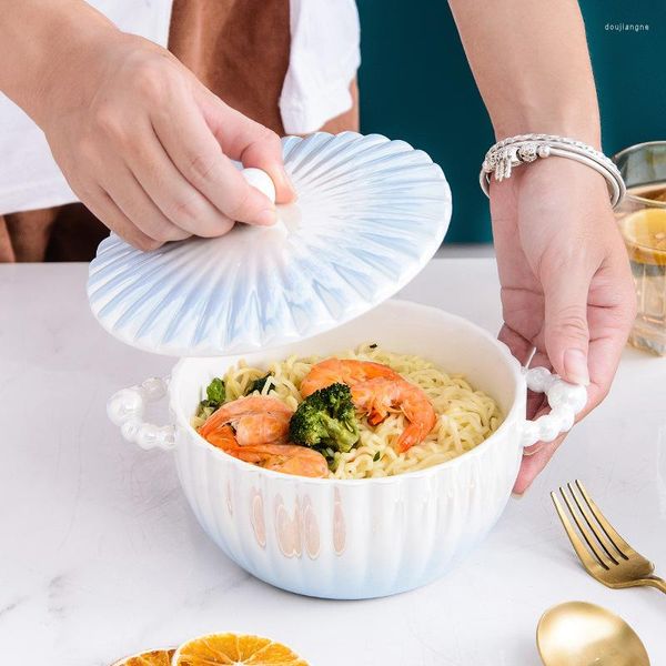 Schalen Exquisite Perle Keramik Schüssel Haushalt Obst Nudel Suppe Salat Große Doppel Ohr Unterglasur Mit Deckel Küche Geschirr