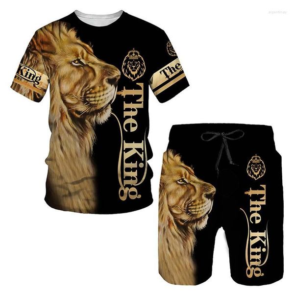 Erkek Trailtsits Yaz Men Erkekler T-Shirt Set Trailsuit Cool Lion 3D Baskılı Kısa Kollu Pantolon 2 Parça Sıradan Takım Spor Giyim Moda Giyim