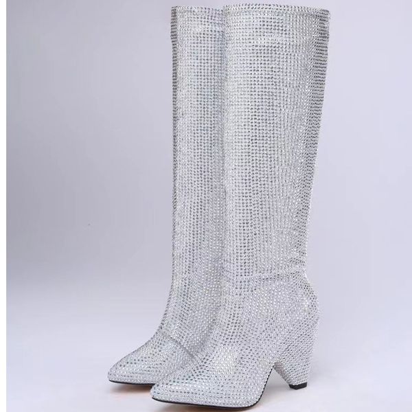 2022 yeni stil bayan kadın deri diz botları başak yüksek topuklu moda sivri yağlı ayak parmağı patik gündelik parti ayakkabı topuklu elmas bebekler nefes 34-43