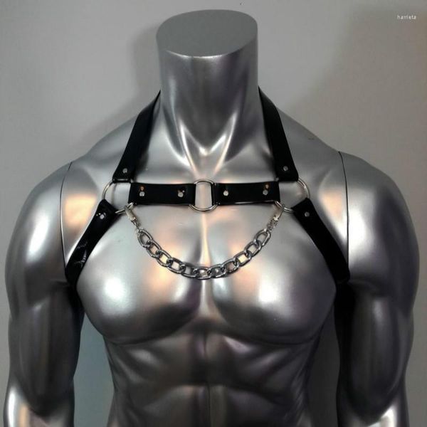 Cintos da moda masculino de couro faux corporal Cinturão muscular com cadeia de metal Bondage tiras de ombro de traje de cosplay clubwear de cosplay