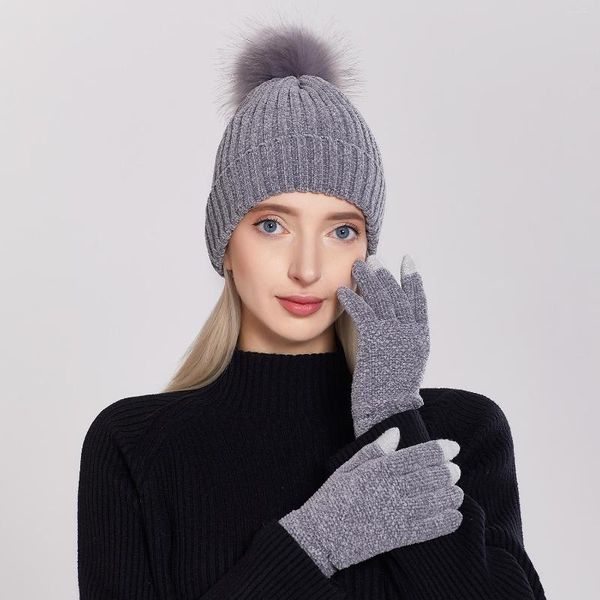 Berets 2022 Chenille Wolle Hut Handschuhe Set Für Frauen Im Freien Verdickung Warme Ball Kappe Herbst Und Winter Gestrickte Hüte Großhandel