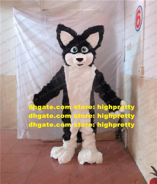 Black White Long Furry Mascot Costume Husky Dog Fox Wolf Fursuit Adult Cartoon Pantomime musicale Conference Photo zz7673
