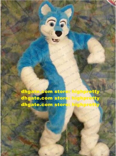 Синий белый длинный меховой пушистый талисман костюм Husky Dog Fox Wolf Fursuit для взрослых мультфильм бренд.