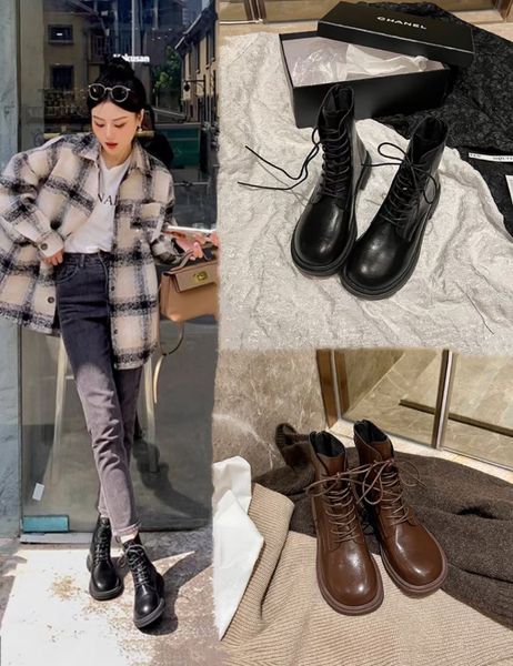Полная кожаная женщина мода Martin Boots осень зима, новая простая плоская нижняя, короткая дизайнерская ботинки для ботинок, кружев, кружев, корейский