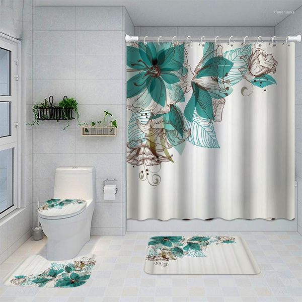 Duschvorhänge, wasserdichter Badezimmer-Vorhang, Blumen-Toilettenbezug, rutschfeste Badematte, Teppich-Set, Polyester-Stoff, waschbar, Heimdekoration