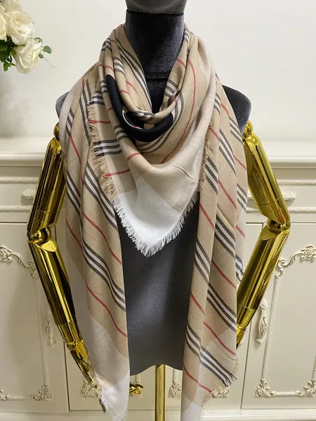 Quadratischer Schal für Damen, Schal aus 100 % Kaschmir, dünn und weich, bedruckt mit Streifen und Buchstabenmuster, Größe 140 cm – 140 cm