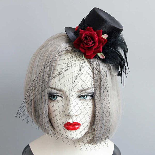 Accessori per capelli in rete di Halloween Punk Punk Black Feather Red Rose Aftatori Cappelli con velo