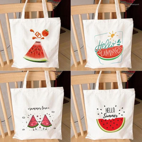 Bolsas de armazenamento Hello Hello Summer Watermelon Print Canvas de moda Cartoon Frutas Mulheres de ombro de ombro Bolsa de compras reutilizáveis ​​ECO