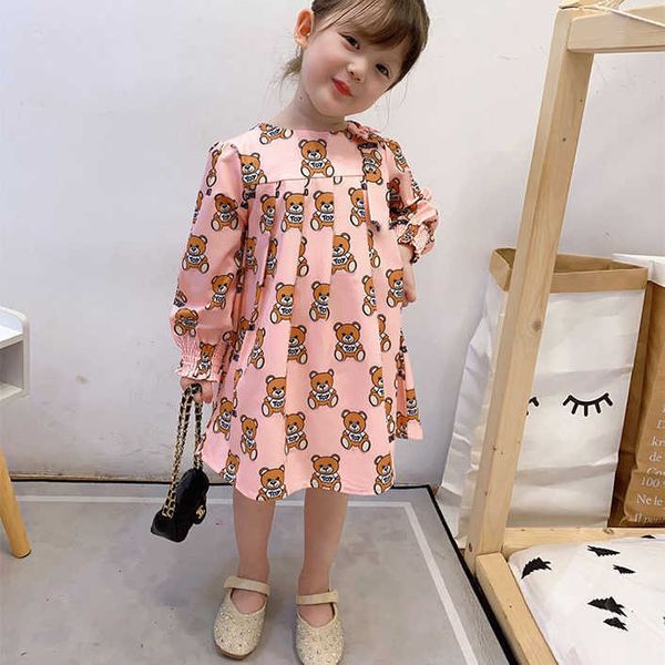 2023 New Summer Dress Brand Cartoon Letter Style Kids Girl Clothes Vestiti a maniche lunghe con stampa orso Neonate Abiti da principessa 2 10 anni
