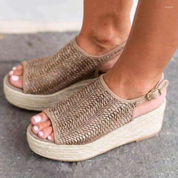 Sandali Zoccolo con suola spessa Bocca di pesce Paglia Donna Fratello Scarpe da pescatore Piattaforma Zeppa Tacco alto Fondo in rattan Donna Casual