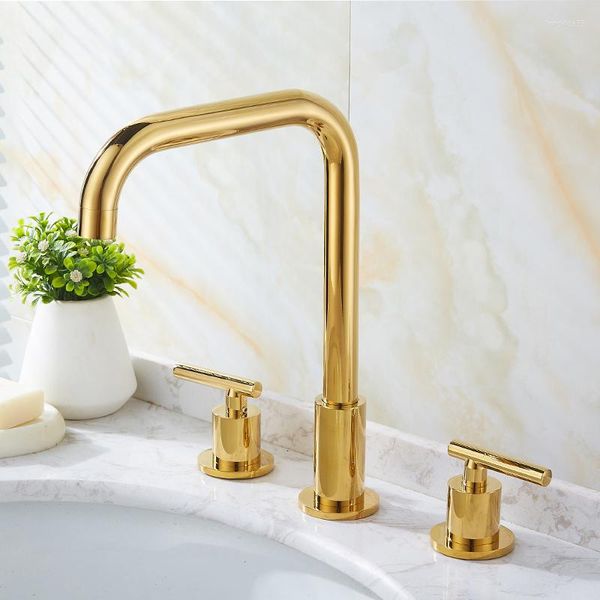 Badezimmer-Waschtischarmaturen, goldene Badewanne, Waschbecken-Wasserhahn, Wasserfall, weit verbreitete Wannen-Mischbatterie, Deckmontage, Handbrause, Bad-Duschset, 2 Griffe