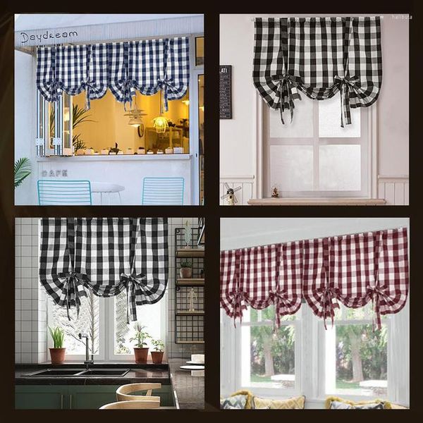 Vorhang mit kariertem Druck, Jacquard-Raffrollos, kurzes Fenster mit Loch, verstellbare Verdunkelungsvorhänge für die Küche
