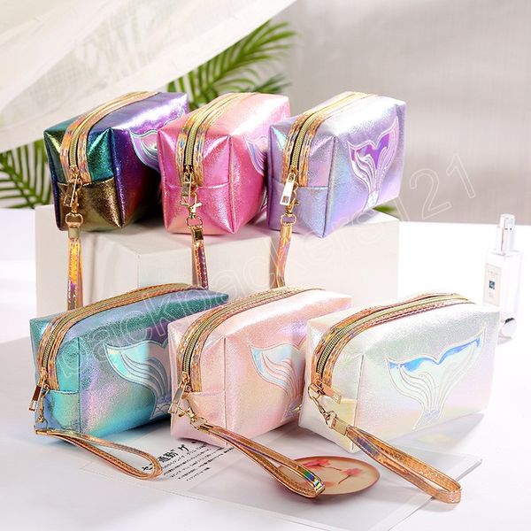 Borsa per trucco glitterata Custodia per trucco in pelle da donna Organizzatore da viaggio piccolo con borse cosmetiche da donna con coda di sirena ricamata