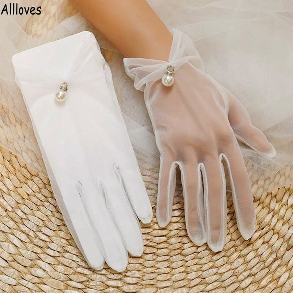 Luvas de nupcial rom￢nticas de tule branco Luvas de gaze transl￺cida de dedos cheios de mulheres para festa de casamento com p￩rolas de ver￣o protetora l￺cla damas de toca cl1358