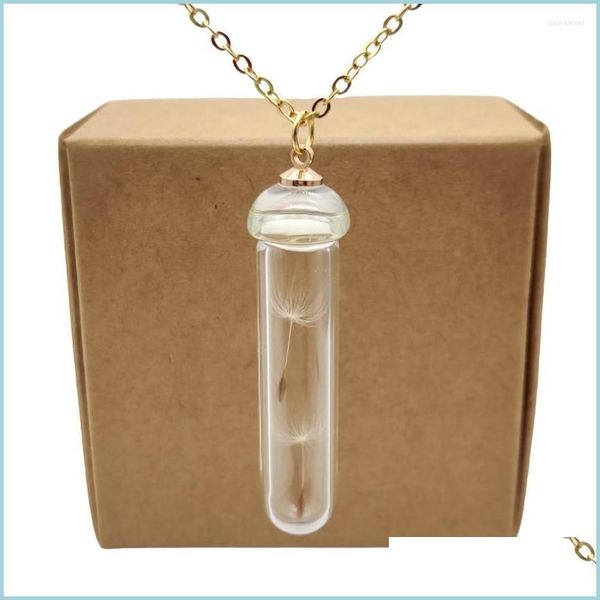 Anhänger Halsketten Anhänger Halsketten Löwenzahn Make A Wish Echte Blume Transparente Glasflasche Goldfarbene Kette Lange Halskette Frauen Dh4Dp