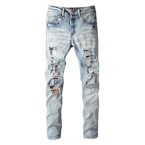Jeans da uomo Uomo Jeans strappati patchwork con stampa leopardata Streetwear Stretch Denim Slim Skinny Pencil Pants Pantaloni con fori blu chiaro T221102
