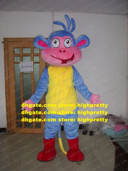 Carino stivali blu scimmia costume della mascotte mascotte adulto con rosa faccia felice personaggio dei cartoni animati di pancia gialla n.262