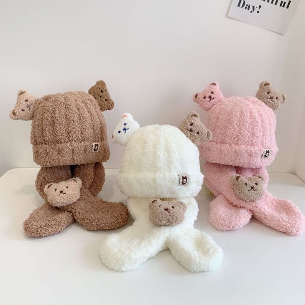 Sciarpa per cappello da bambino invernale Set da 2 pezzi Berretto morbido per bambini per ragazze Ragazzi Orso dei cartoni animati Tenere al caldo Accessori per neonati