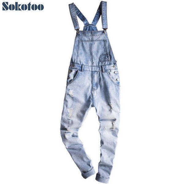 Herrenjeans Hellblaue, schlanke, schneegewaschene Jeans-Latzhose für große, große, große, lochzerrissene Hosenträgeroveralls in Übergröße, zerrissene Cargo-Jeans T221102