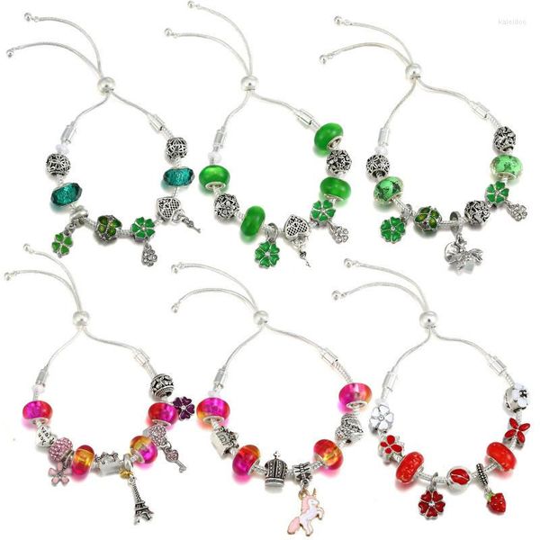 Braccialetti con ciondoli Pan Brand Regolabile Pulsera Uomo Fai da te Rosa Verde Perle di vetro Smalto Cuore Blocco Chiave Pony Clover Charms Bracciale per donna