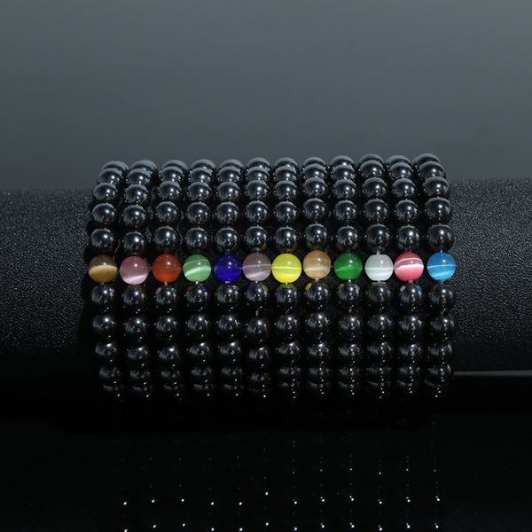 Strang Schwarzes Hämatit-Opal-Perlenarmband, Katzenauge-Perlen, verstellbare Armbänder für Damen und Herren, Modeschmuck