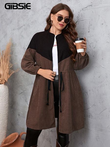 Capispalla GIBSIE Plus Size Colletto alla coreana Colorblock Giacca di velluto a coste Donna Autunno Casual Coulisse Vita Zip Up Cappotto Capispalla femminile 2022