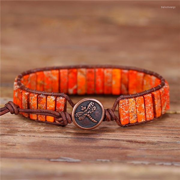 Bracelets de charme laranja jaspers pulverização de couro joias de joias naturais manguito de miça -malha de retenção exclusiva bohemian presente de aniversário