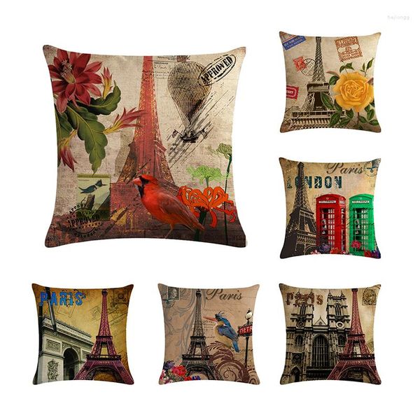 Cuscino Paris Vintage Decorative Covers Flowers Tower Cover Sofa Home Car Decor Bird Flower Throw