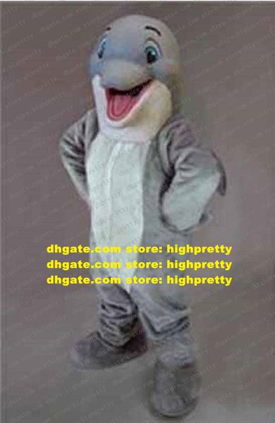 Vivido grigio delfino costume della mascotte mascotte focena delfino cane di mare balena adulto con grandi occhi azzurri faccia felice n. 2888 nave libera