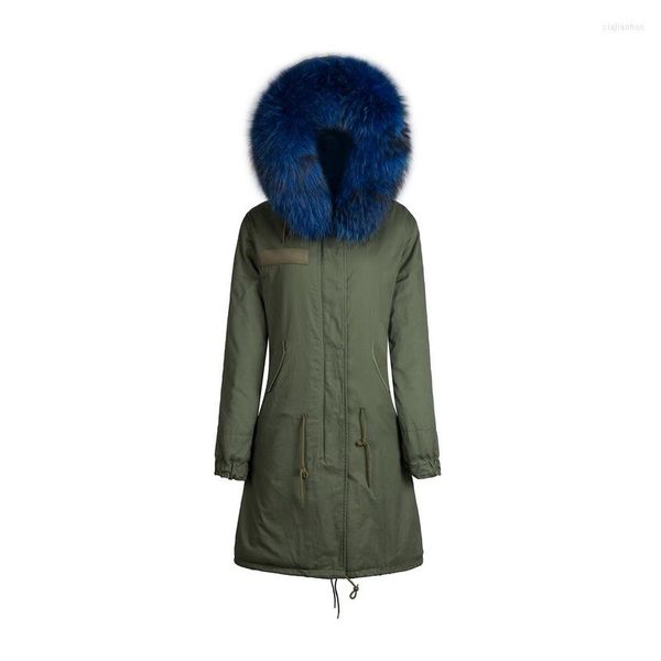 Kadınlar Kürk Uzun Tarz Kış Sıcak Paltosu Bayan Mr Parka, Big Blue Real Yaka Palto Dış Giyim