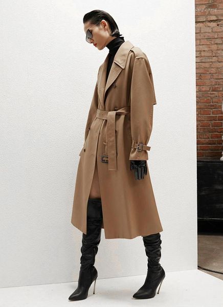 Женские траншеи Coats Coat Women Khaki 2023 Осенний модный бренд Классический британский стиль леди -ремни негабаритный