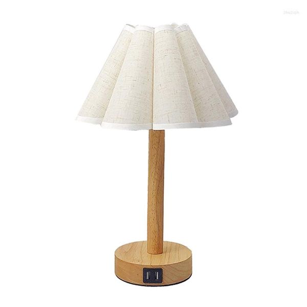 Tischlampen im japanischen Stil für Schlafzimmer, USB-Aufladung, Vintage, umweltfreundliche Leinen-Holz-Schreibtischlampe mit dreifarbiger LED-Birne, Nachttischlampe