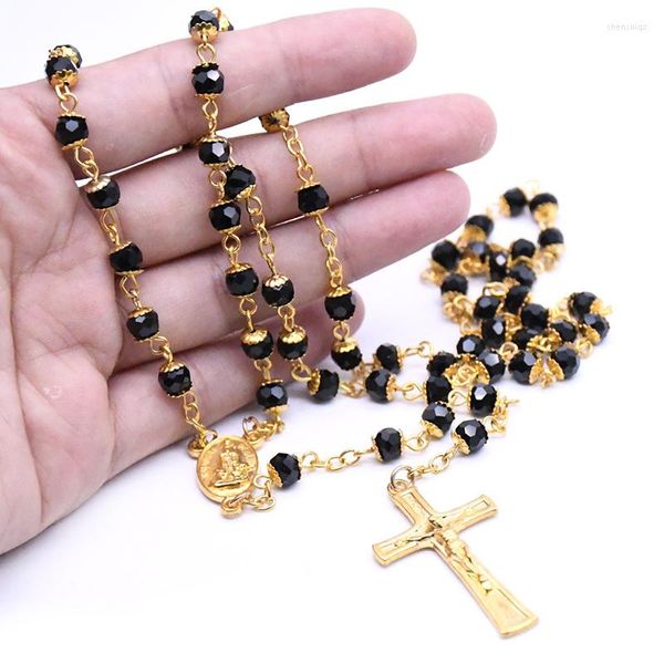 Anhänger Halsketten Diyalo Katholische Goldfarbe Kruzifix Jesus Kreuz Halskette Schwarz Kristall Rosenkranz Perlen Kette Frauen Männer Schmuck Geschenk