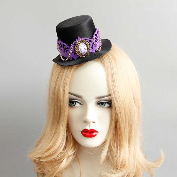 Acessórios para cabelos do Halloween Cospaly Black Fascinator com strass Purple Crown Chain Golden Halloween Party Fascinators Hats