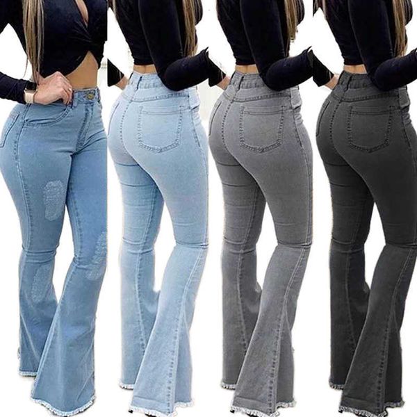 Damen-Jeans, Damen-Jeans mit Bell-Bottom-Ripping, ausgestellter Jeans, zerstörter roher Saum, Boot-Cut-Stretch-Flare, lang, für Mama, Pantalone