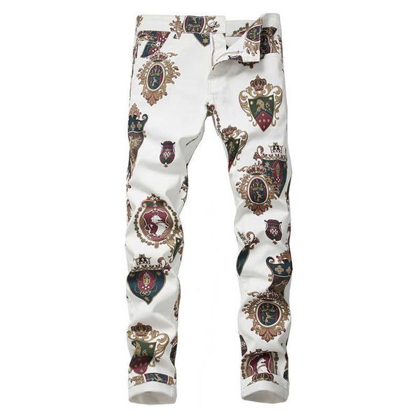 Jeans maschile badge maschile maschile 3d jeans bianco disegno colorato disegno sottile pantaloni allungamenti pantaloni lunghi t221102