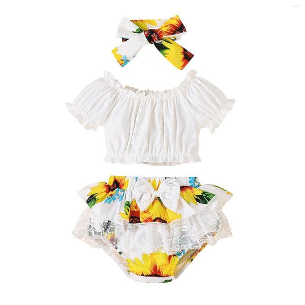 Kleidungssets Dreiteilige Outfits für geborene Babys, kurzärmlig, einfarbig, bauchfreie Tops, Sonnenblumen-bedruckte Shorts, dekoratives Haarband